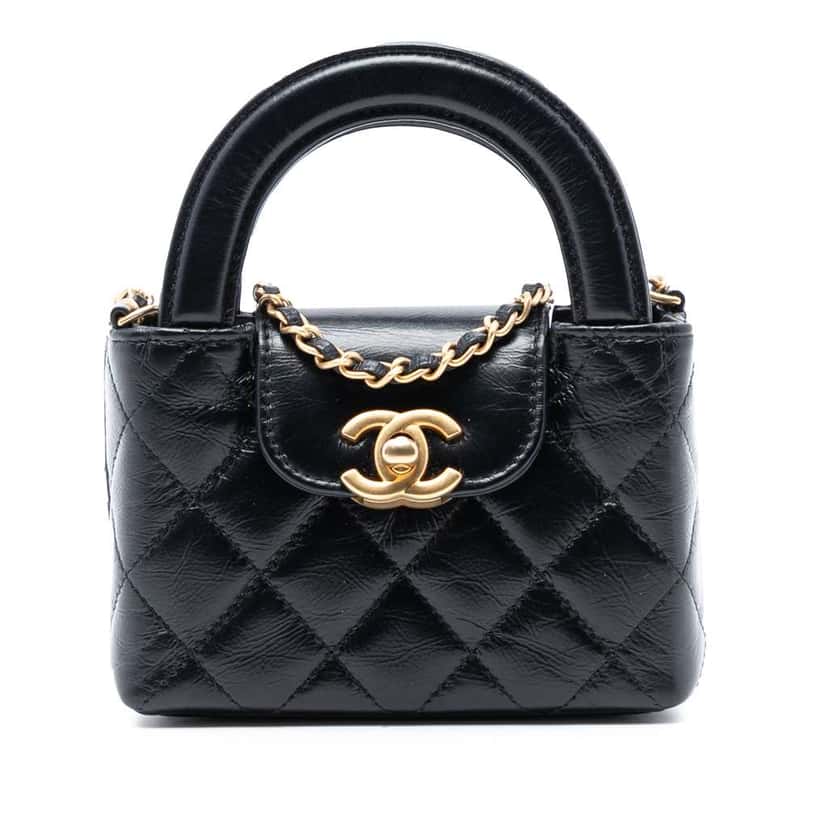 Chanel Mini Nano Aged Calfskin Kelly Shopper Bag Black Leather Very good condition - Front View