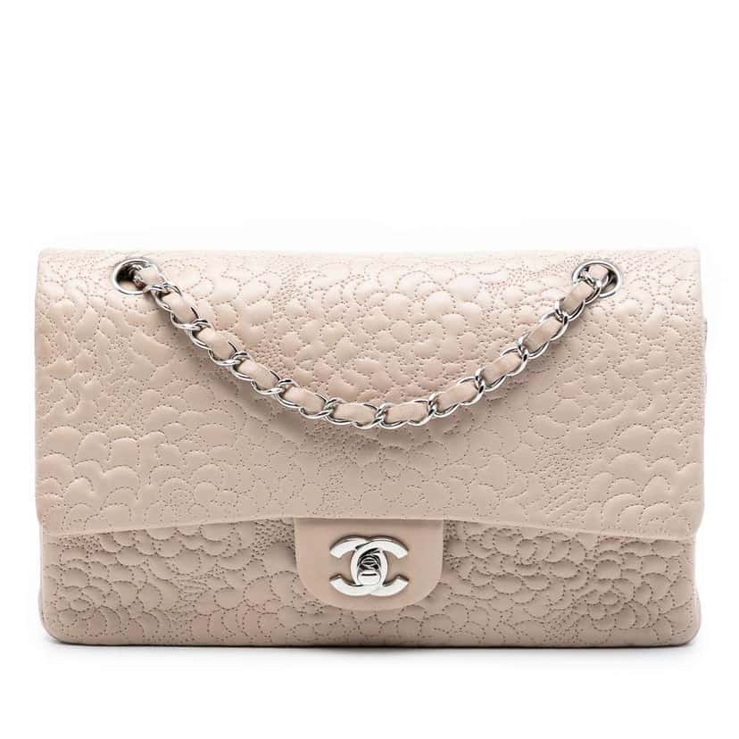 Chanel Medium Classic Lambskin Camellia Stitched Double Flap Brown Leather Good condition - Front View