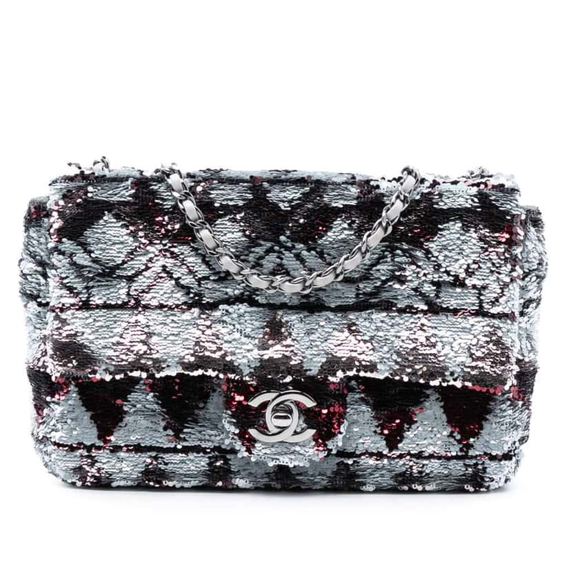 Chanel Mini Rectangular Sequin Single Flap Silver Satin Good condition - Front View