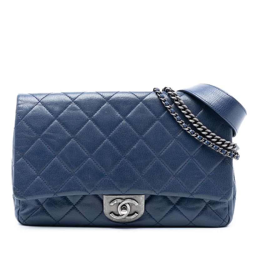 Chanel Large Quilted Goatskin Double Carry Waist Chain Flap Blue Leather Very good condition - Front View