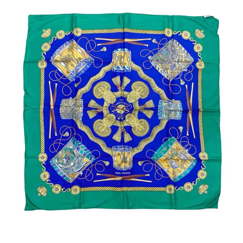 Hermès Les Tambours Silk Scarf Blue Silk Good condition - Back View