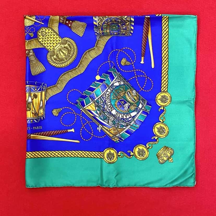 Hermès Les Tambours Silk Scarf Blue Silk Good condition - Inside View