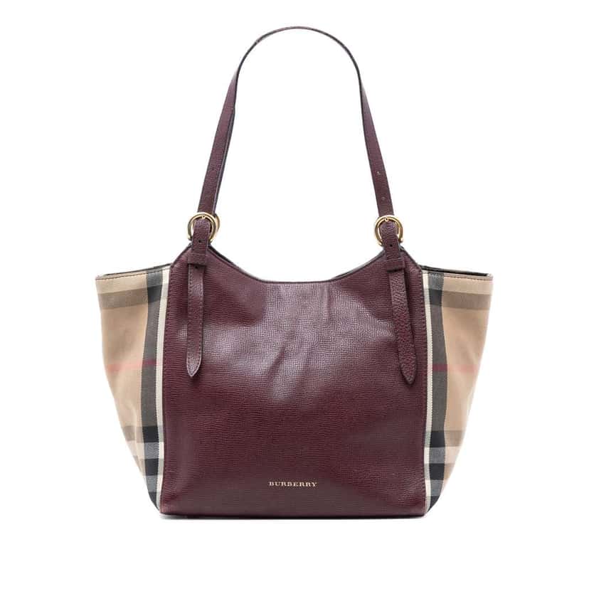 Burberry Small Leather and House Check Canvas Canterbury Tote Red Leather Very good condition - Front View