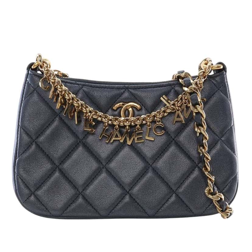 Chanel Small Quilted Lambskin Logo Chain Crossbody Black Leather Good condition - Front View