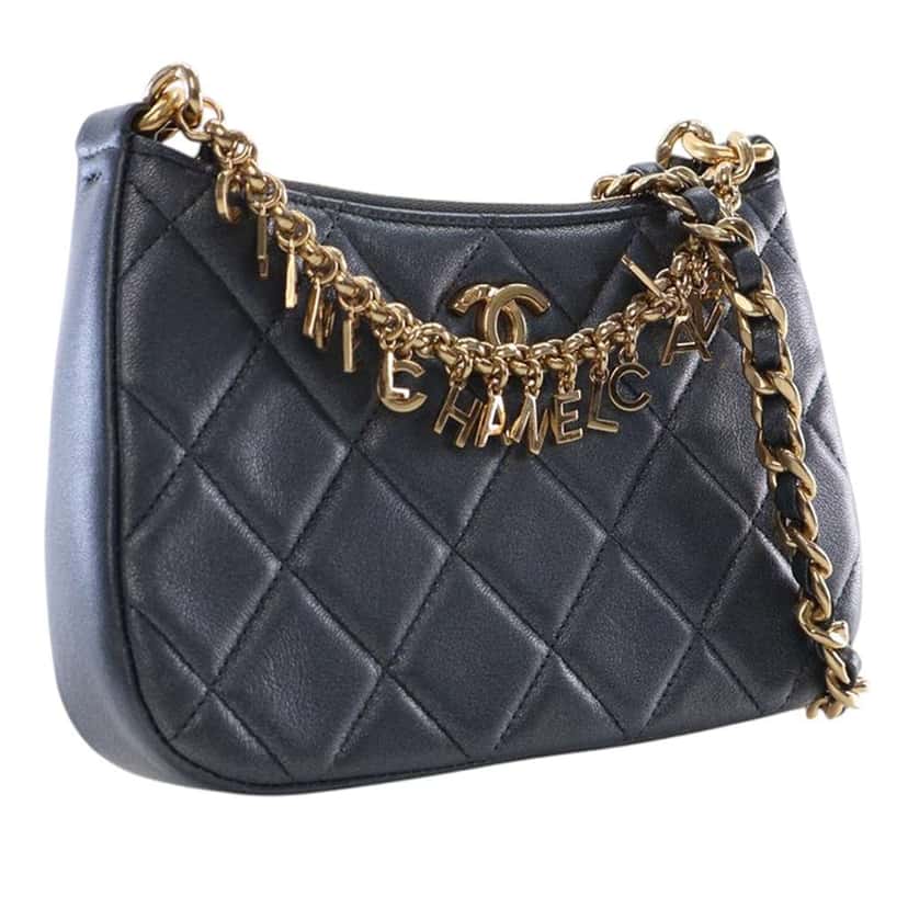 Chanel Small Quilted Lambskin Logo Chain Crossbody Black Leather Good condition - Back View