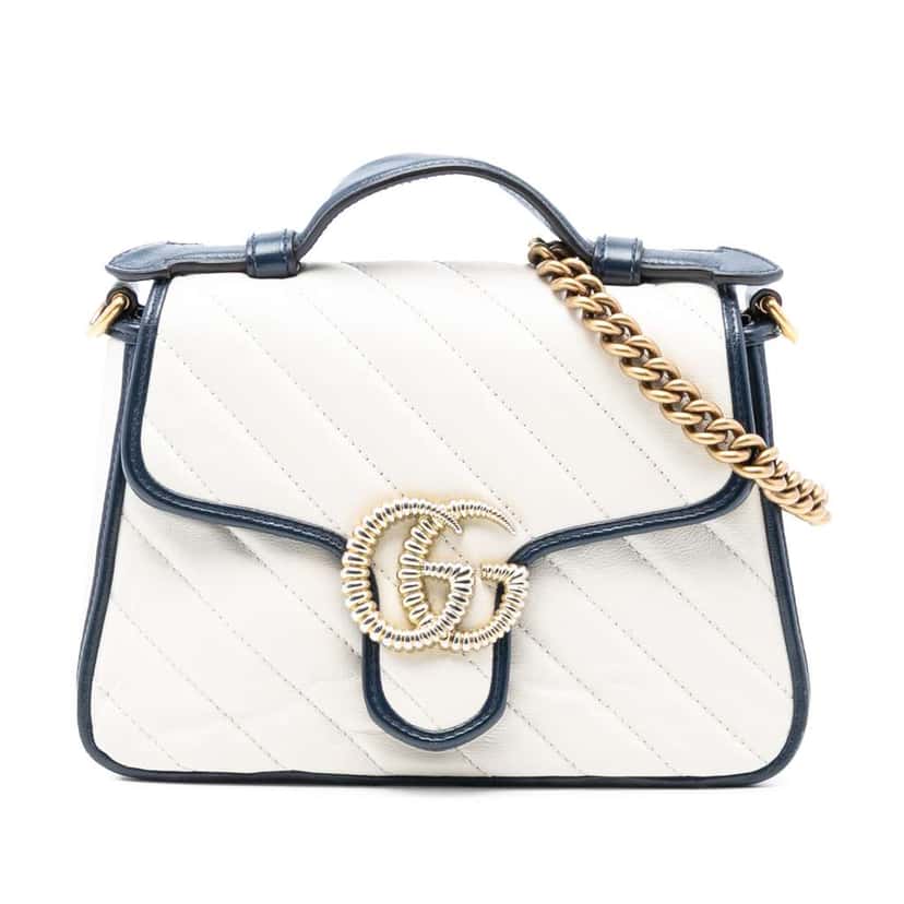Gucci Mini GG Marmont Matelasse Diagonal Leather Torchon Top Handle Bag White Leather Good condition - Front View