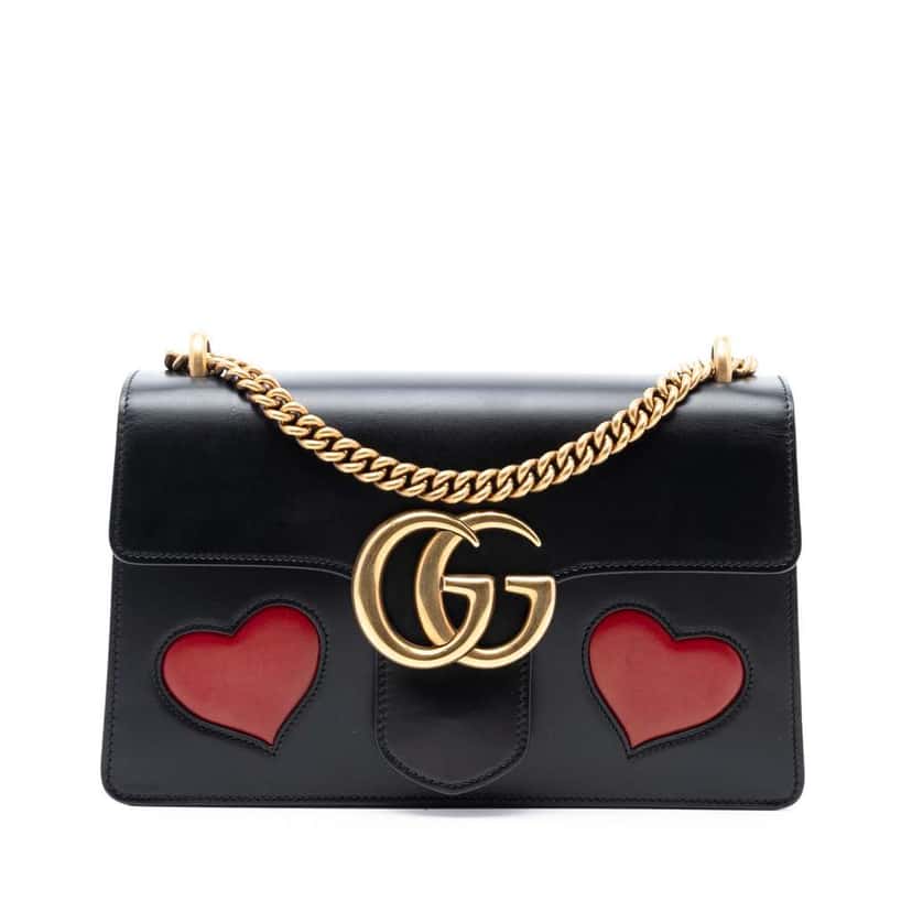 Gucci Medium GG Marmont Leather Malaga Kid Heart Patch Chain Flap Black Leather Very good condition - Front View
