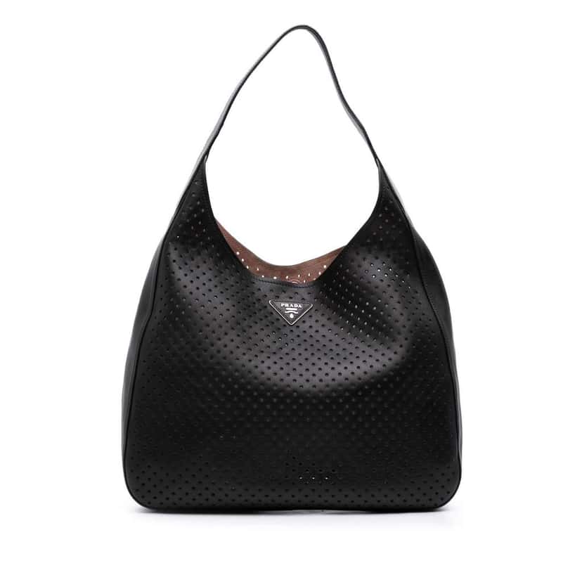 Prada City Fori Perforated Leather Hobo Bag Black Leather Good condition - Front View