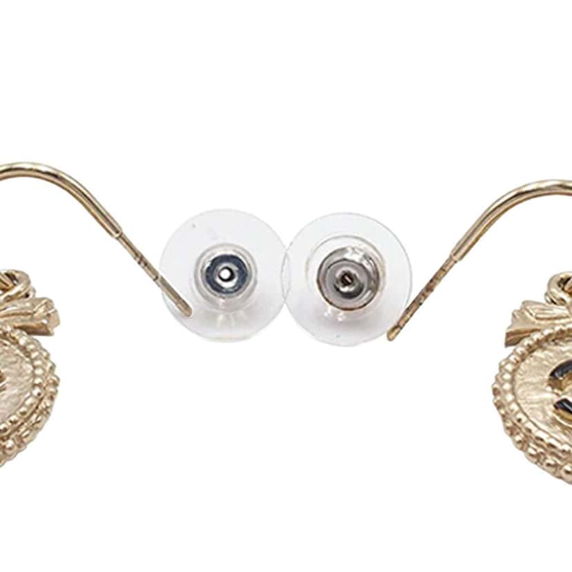 Chanel CC Gold Plated Enamel Round Bow Dangle Stud Push Back Earrings Gold Metal Good condition - Box View