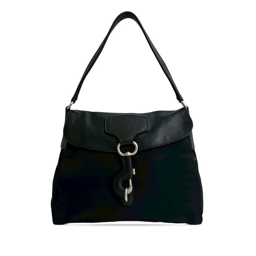 Prada Vitello Trimmed Tessuto Shoulder Bag Black Good condition - Front View