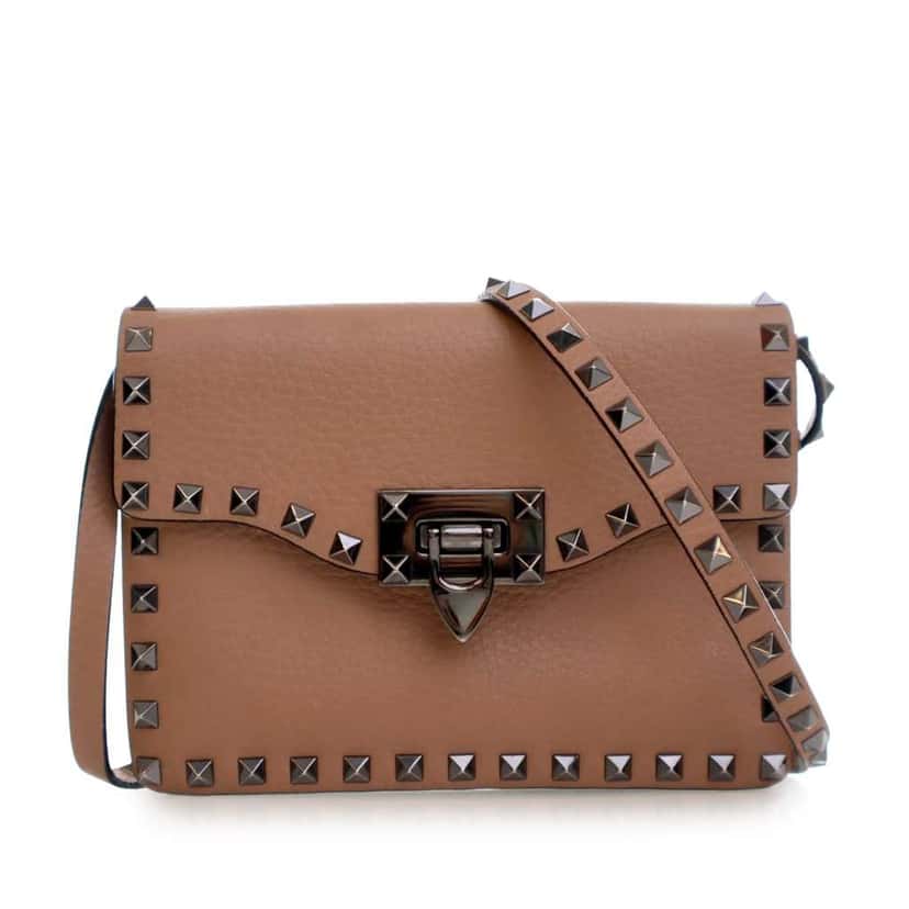Valentino Mini Leather Rockstud Flap Crossbody Brown Leather Good condition - Front View