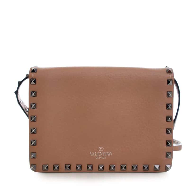 Valentino Mini Leather Rockstud Flap Crossbody Brown Leather Good condition - Model View
