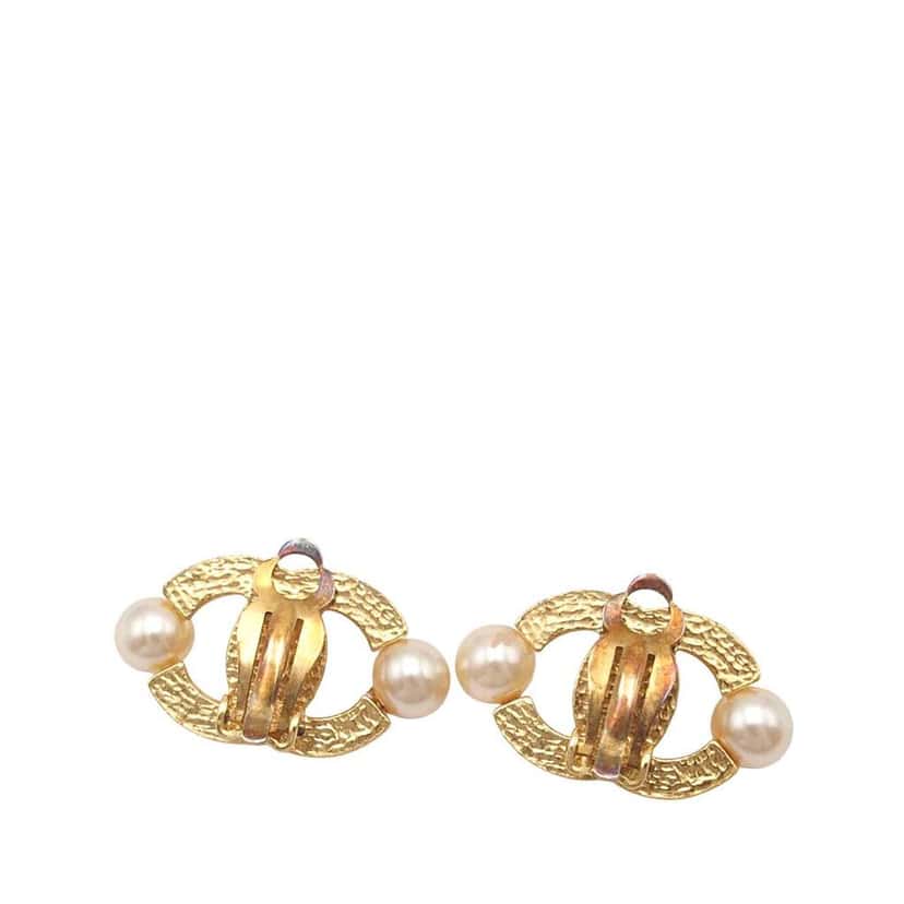 Chanel CC Gold Plated Faux Pearl Clip on Earrings Gold Metal Good condition - Back View