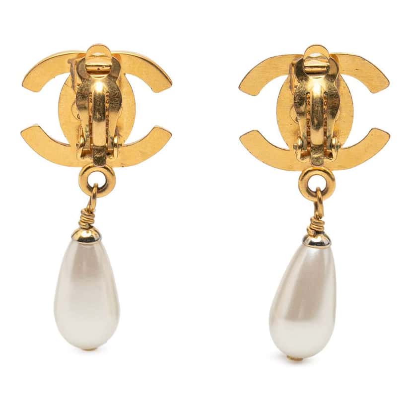 Chanel CC Gold Plated Turnlock Faux Pearl Drop Clip On Earrings Gold Metal Good condition - Back View
