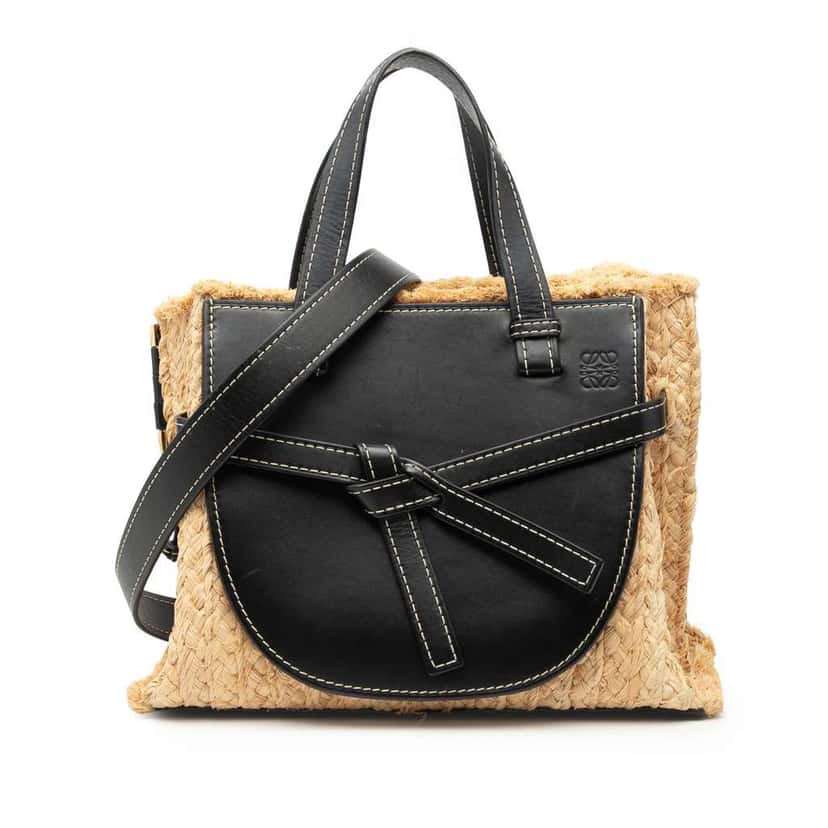 Loewe Small Raffia and Leather Gate Top Handle Bag Brown Good condition - Front View