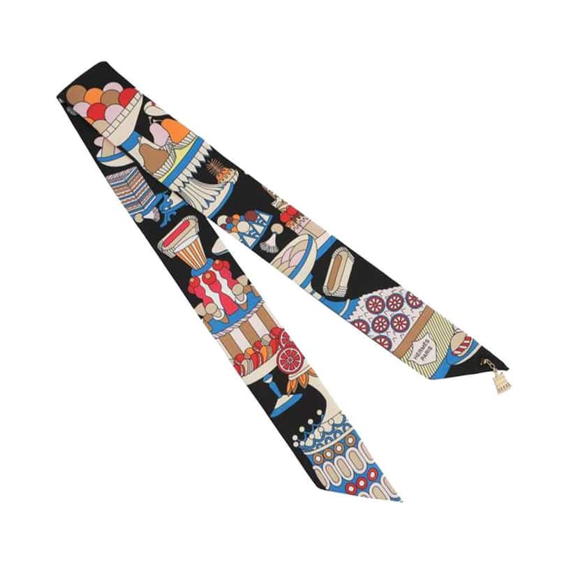 Hermès 20th Anniversary La Patisserie Francaise Charms Silk Twilly Scarf Black Silk Good condition - Front View