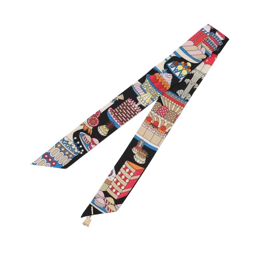 Hermès 20th Anniversary La Patisserie Francaise Charms Silk Twilly Scarf Black Silk Good condition - Back View