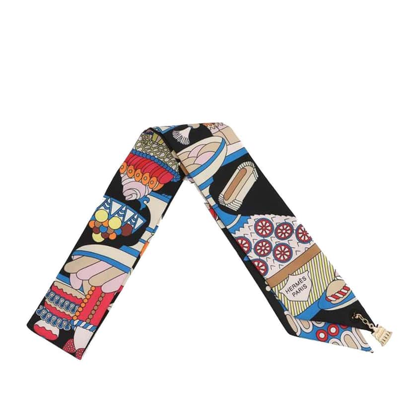 Hermès 20th Anniversary La Patisserie Francaise Charms Silk Twilly Scarf Black Silk Good condition - Inside View