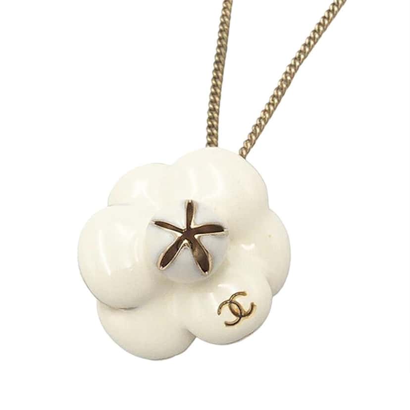 Chanel CC Gold Plated Enamel Camellia Pendant Necklace Gold Metal Good condition - Back View
