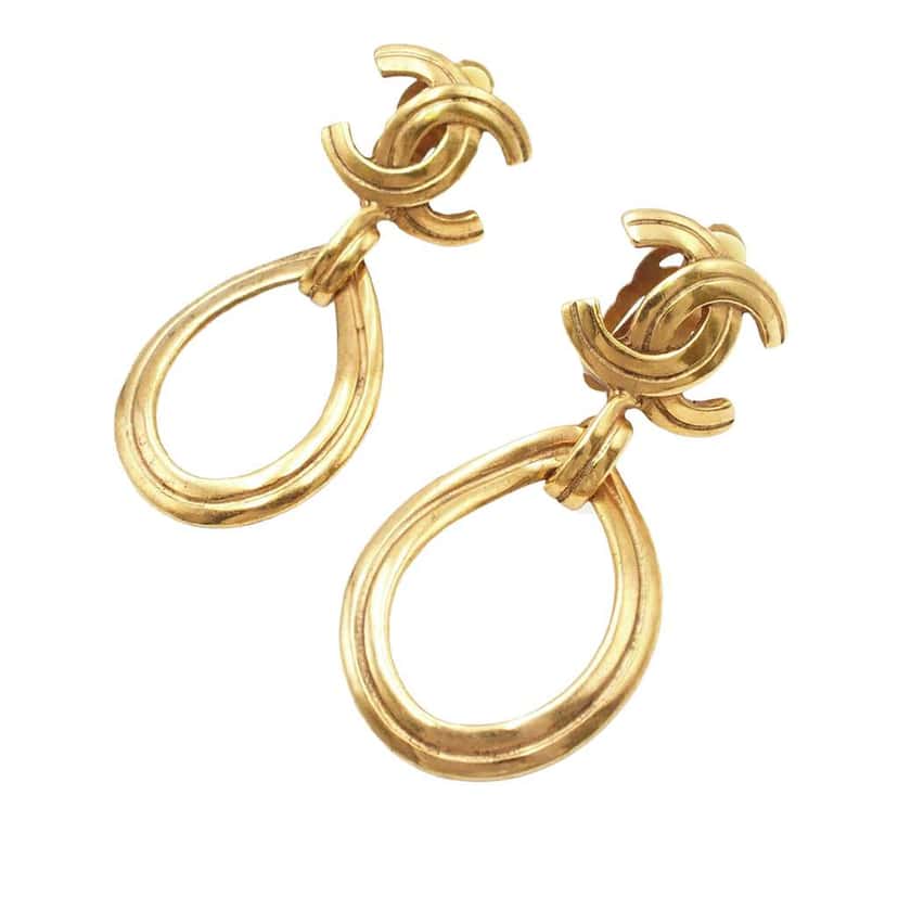 Chanel CC Gold Plated Teardrop Dangle Hoop Clip On Earrings Gold Metal Very good condition - Back View