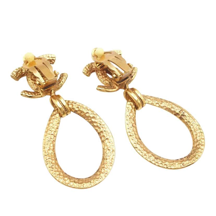Chanel CC Gold Plated Teardrop Dangle Hoop Clip On Earrings Gold Metal Very good condition - Inside View