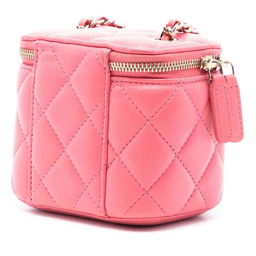 Chanel Mini Quilted Lambskin Top Handle Vanity Case With Chain Pink Leather Very good condition - Back View