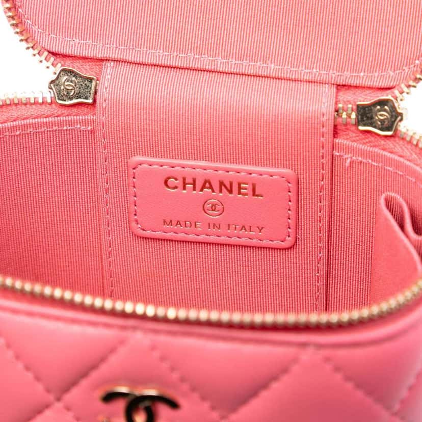 Chanel Mini Quilted Lambskin Top Handle Vanity Case With Chain Pink Leather Very good condition - Box View
