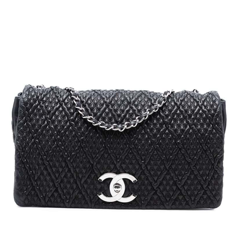 Chanel CC Quilted Astrakhan Single Flap Black Leather Very good condition - Front View