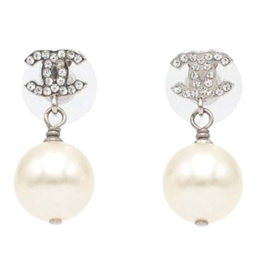 Chanel CC Silver Plated Crystal Faux Pearl Drop Push Back Earrings Silver Metal Good condition - Front View