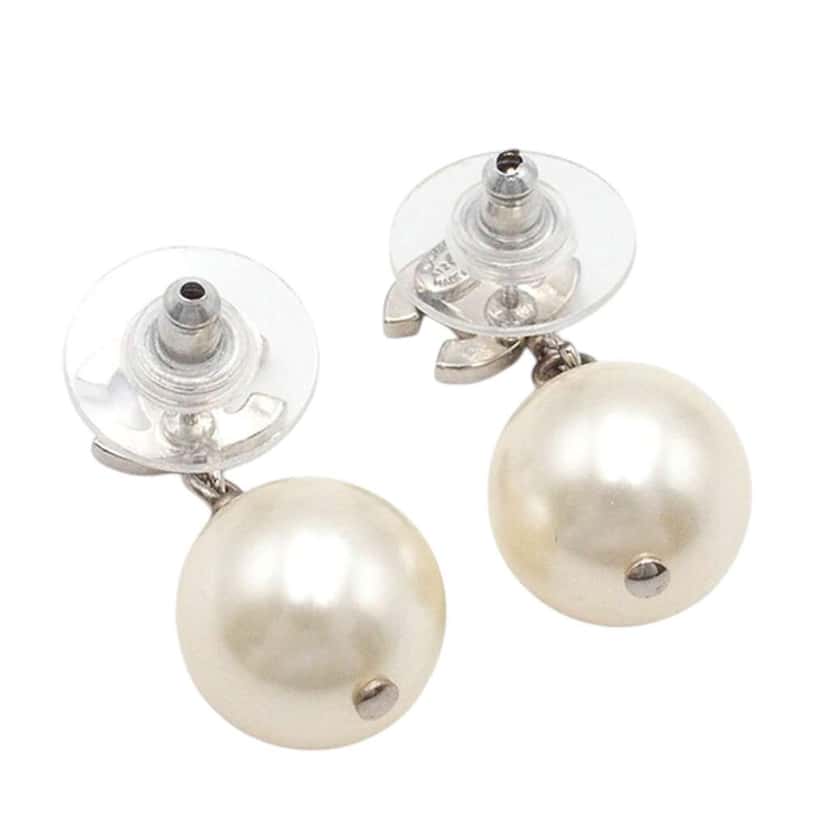 Chanel CC Silver Plated Crystal Faux Pearl Drop Push Back Earrings Silver Metal Good condition - Back View