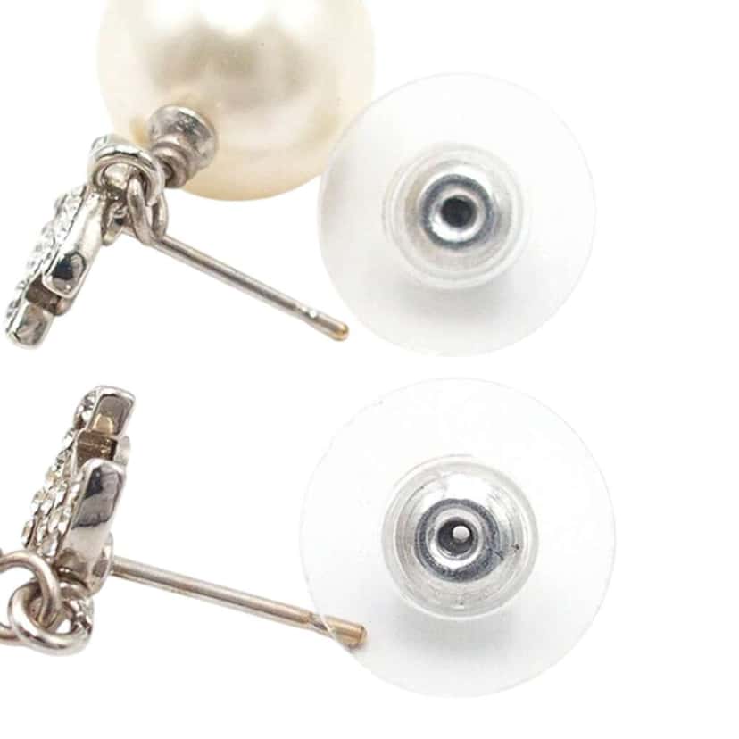 Chanel CC Silver Plated Crystal Faux Pearl Drop Push Back Earrings Silver Metal Good condition - Inside View