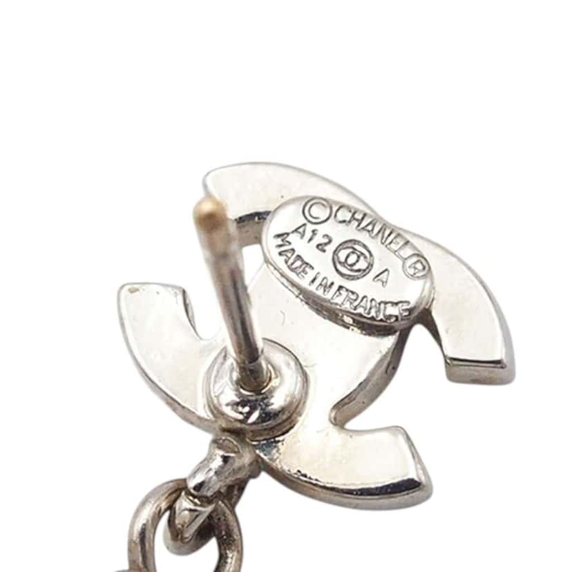 Chanel CC Silver Plated Crystal Faux Pearl Drop Push Back Earrings Silver Metal Good condition - Box View