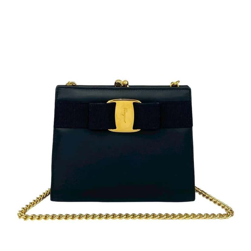 Salvatore Ferragamo Leather Vara Chain Crossbody Blue Leather Good condition - Front View