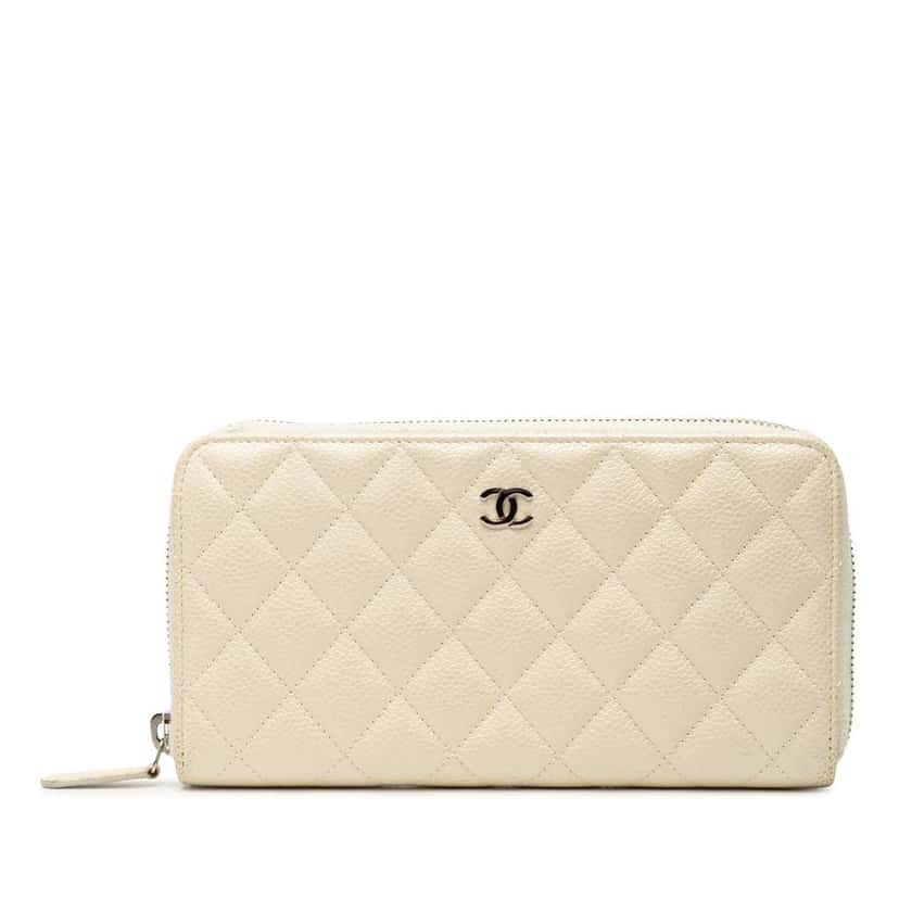 Chanel CC Quilted Iridescent Caviar Zip Around Long Wallet White Leather Good condition - Front View