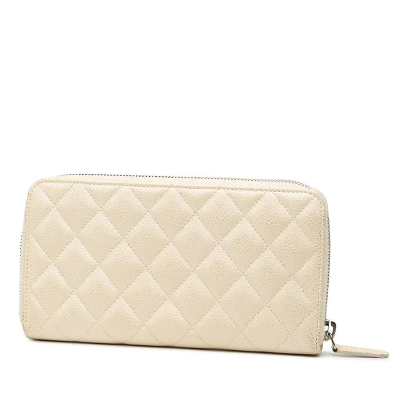 Chanel CC Quilted Iridescent Caviar Zip Around Long Wallet White Leather Good condition - Back View