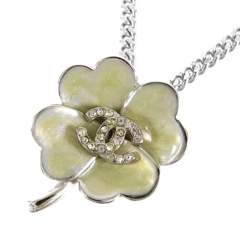 Chanel CC Silver Plated Crystal Clover Pendant Necklace Silver Metal Good condition - Back View
