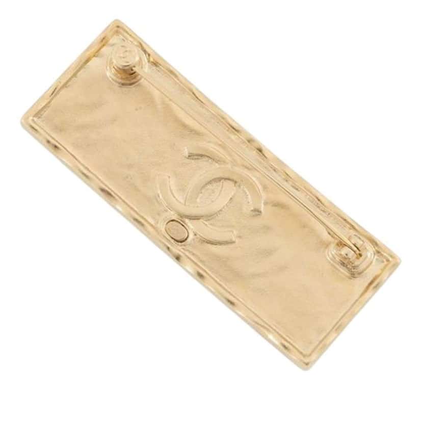 Chanel Gold Plated and Leather Logo Plate Brooch Gold Metal Good condition - Back View