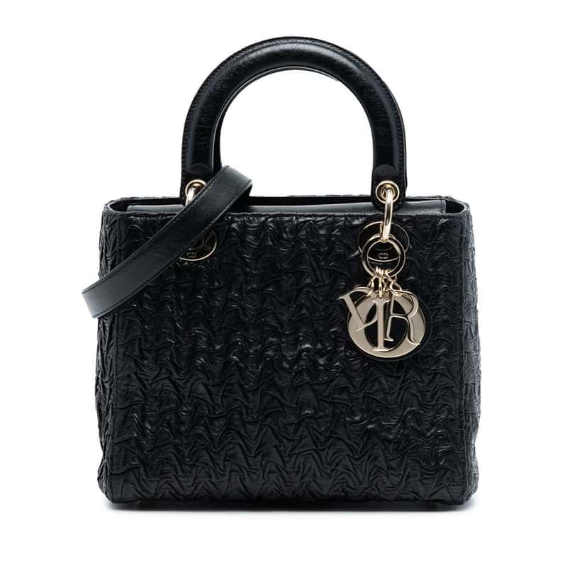 Dior Medium Wavy Crinkled Lambskin Lady Dior Black Leather Very good condition - Front View