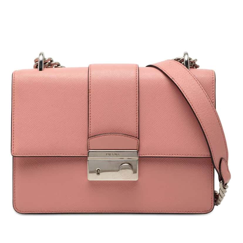 Prada Small Saffiano Sound Lock Chain Crossbody Pink Leather Very good condition - Front View