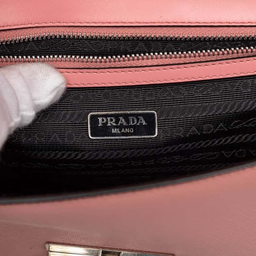 Prada Small Saffiano Sound Lock Chain Crossbody Pink Leather Very good condition - Box View