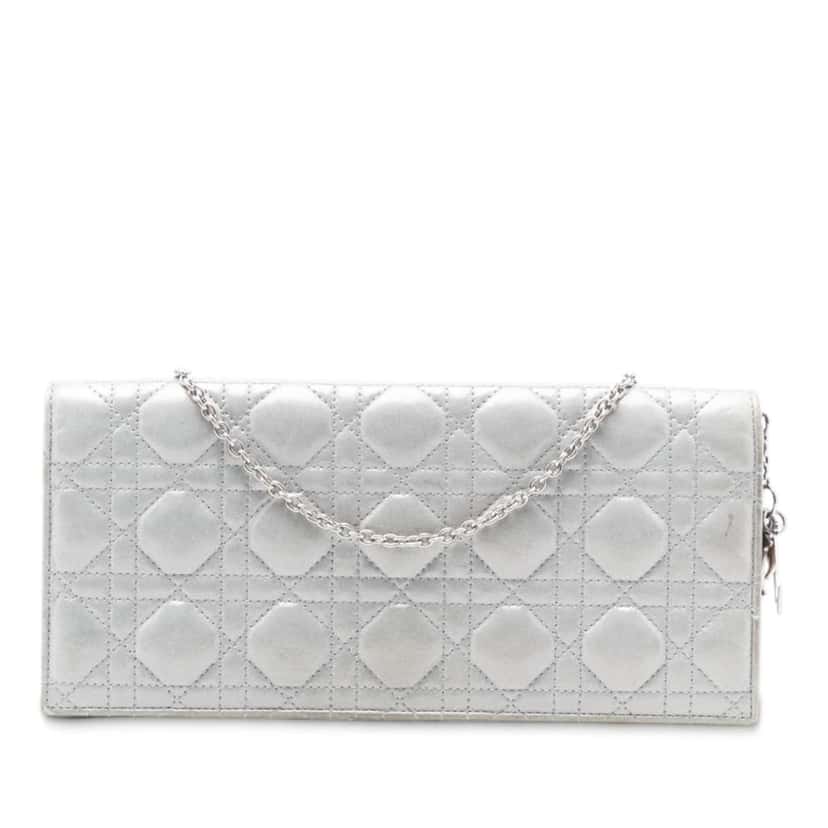Dior Iridescent Lambskin Cannage Lady Dior Convertible Clutch Silver Leather Good condition - Front View