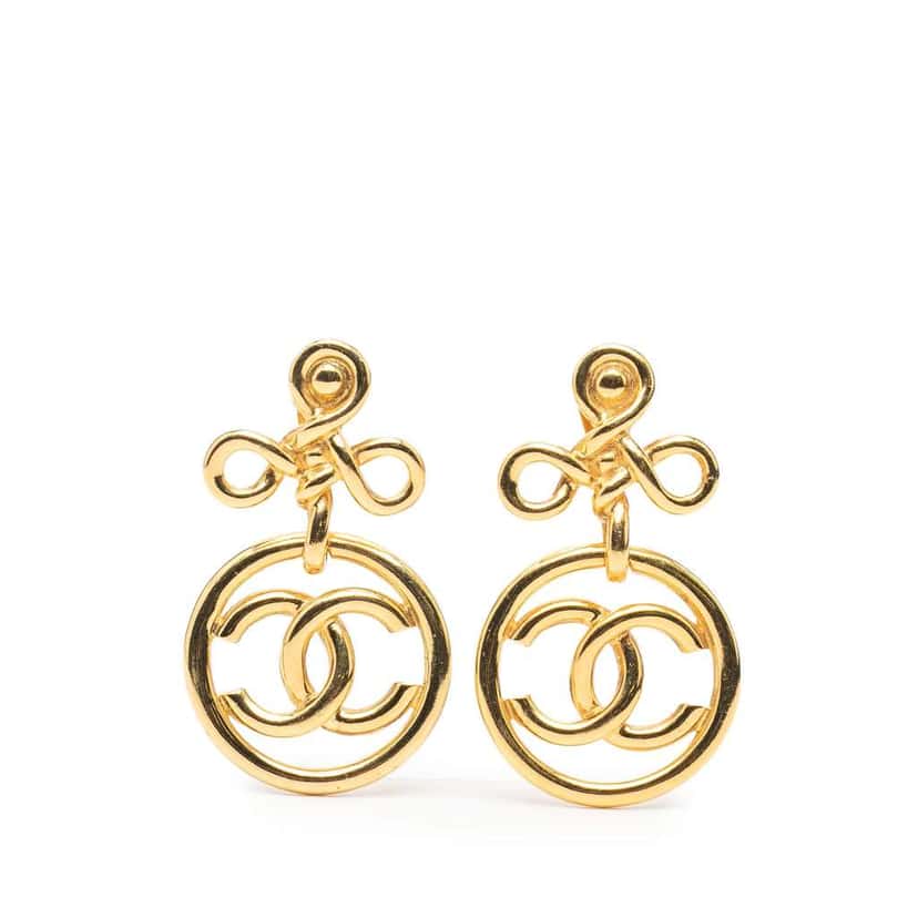 Chanel Gold Plated CC Round Drop Clip On Earrings Gold Metal Good condition - Front View