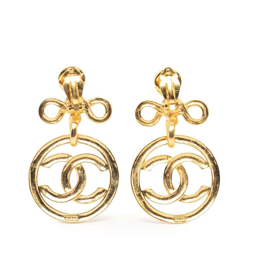Chanel Gold Plated CC Round Drop Clip On Earrings Gold Metal Good condition - Back View