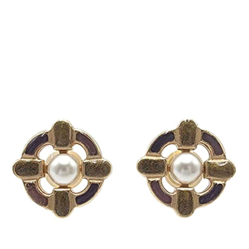Chanel Gold Plated Enamel Maltese Cross and Faux Pearl Push Back Earrings Gold Metal Very good condition - Front View