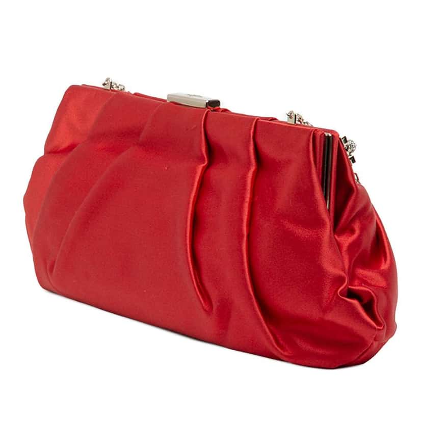 Valentino Satin Pearl Embellished Frame Clutch on Chain Red Satin Very good condition - Back View