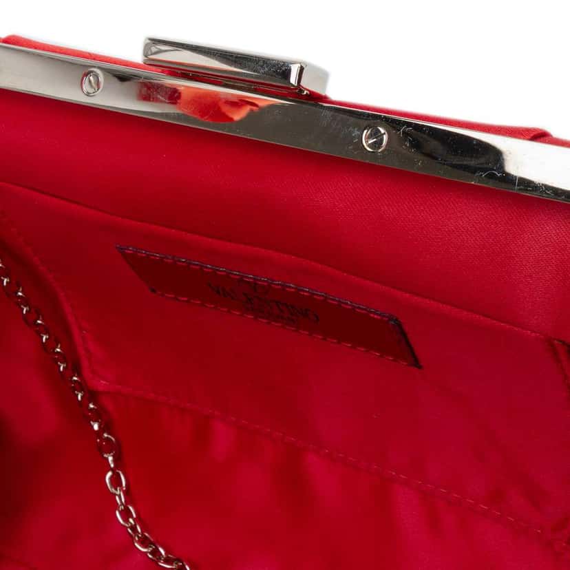 Valentino Satin Pearl Embellished Frame Clutch on Chain Red Satin Very good condition - Box View