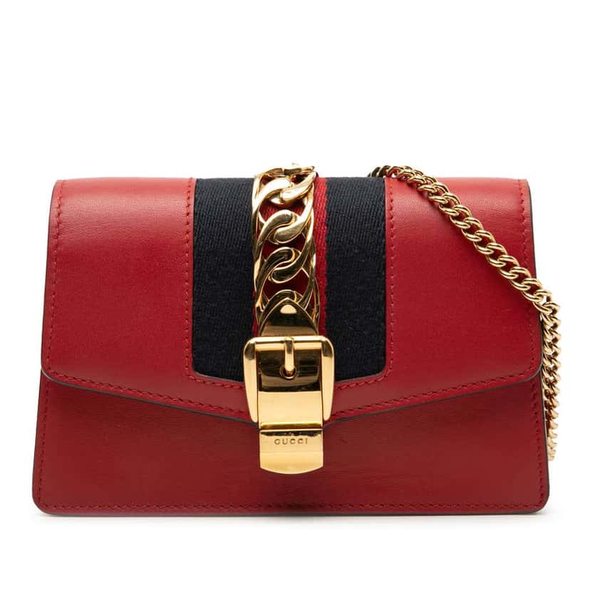 Gucci Super Mini Leather Sylvie Chain Crossbody Red Leather Very good condition - Front View