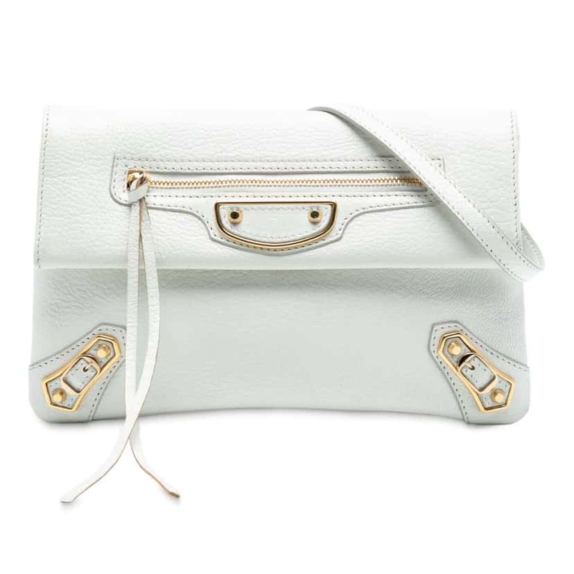 Balenciaga Chevre Motocross Classic Metallic Edge Envelope Clutch with Strap White Leather Good condition - Front View