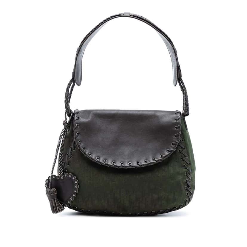 Dior Diorissimo Trotter Canvas and Leather Ethnic Flap Shoulder Bag Green Canvas Good condition - Front View