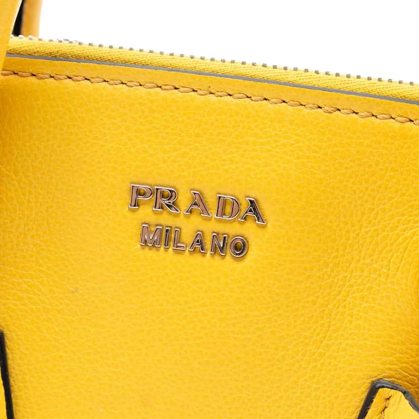 Prada Small Glace Calf Twin Pocket Satchel Yellow Leather Good condition - Box View